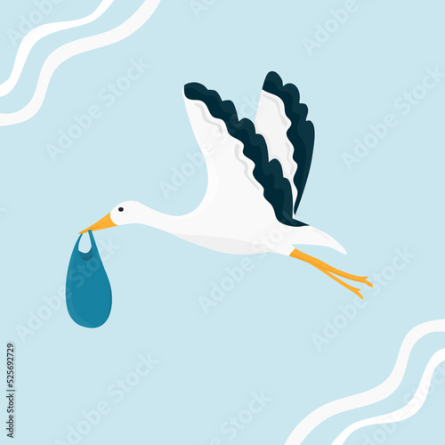 The stork brings the baby. The stork bird flies with the baby. The birth of a boy. Flat style vector illustration