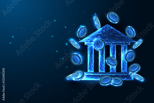 Finances, payments, banking operations concept with flying coins and bank building on dark blue
