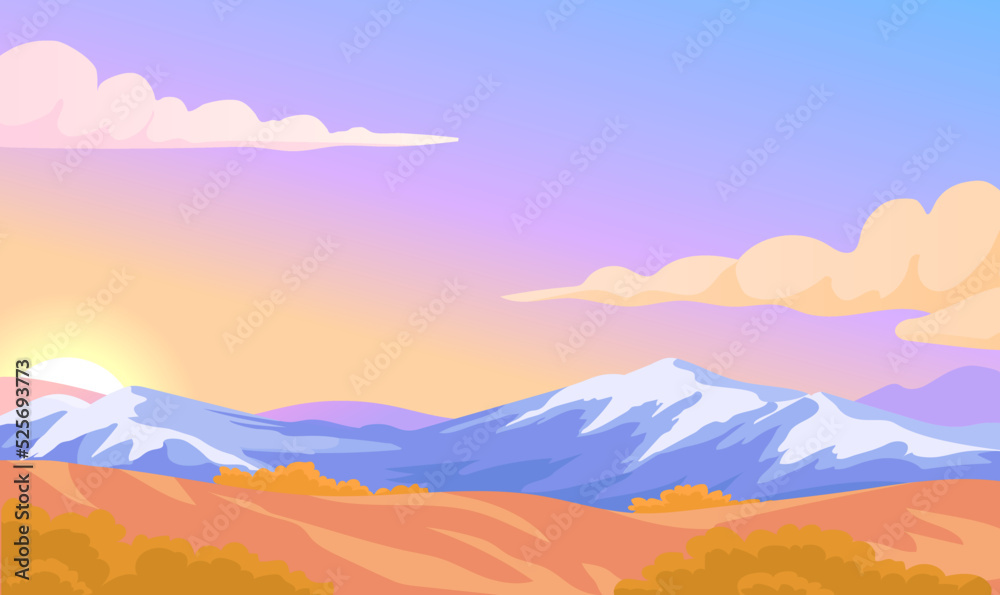 Colorful sunset in the mountains landscape vector illustration