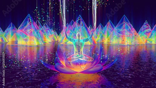 looped 3d animation of a yogi on a translucent 
 the lotus in the astral space creates radiance