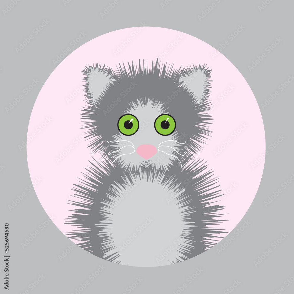 A grey cat with green eyes. Cartoon character. Pets. Flat vector stock illustration. Cute grumpy cat. Vector design for cup, book, diary, notebook, cover.