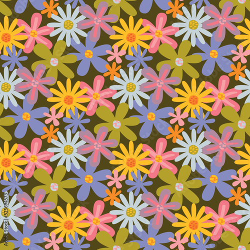 teenage seamless 70s retro floral pattern hippie
