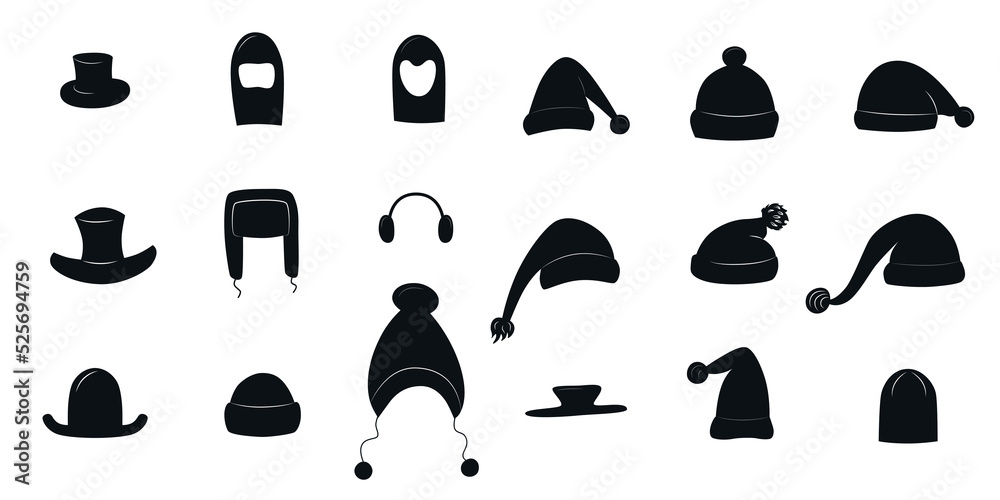Winter hats and caps silhouette set for photo prop box. Vector stock illustration isolated on white background for photo booth holiday industry.  - obrazy, fototapety, plakaty 
