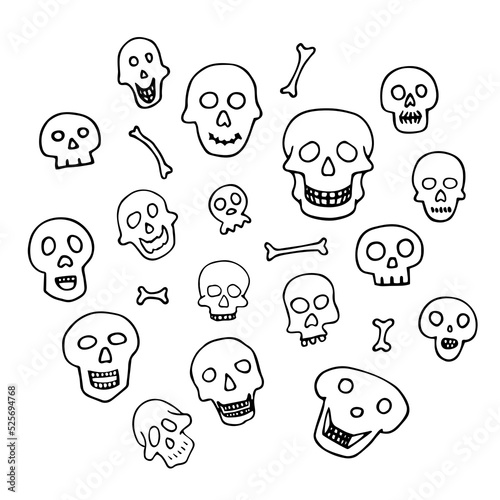 Doodle Halloween sculls set. Outline Skeleton isolated on white background. Hand-drawn cute scary cranium. Mystical sketch character. Vector illustration for spooky autumn holiday, The day of the Dea