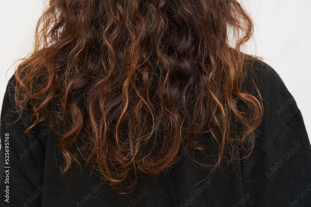 Naklejka premium Dry and frizzy natural curly hair that needs hydration. Natural curls before salon treatment. close up.