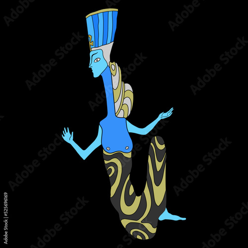 Fantastic character. Seated ancient Egyptian woman or goddess wearing royal tiara. Queen Nefertiti. Blue lady in golden dress on black background.