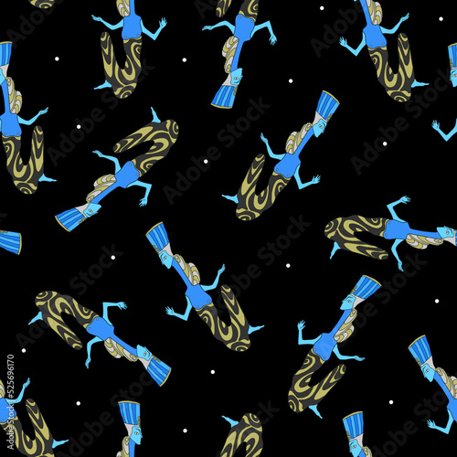 Seamless pattern with fantastic women. Ancient Egyptian queen. Blue and gold on black background.