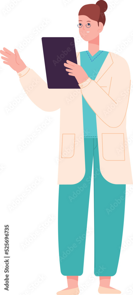 Lab worker reading paper. Nurse hold patient record