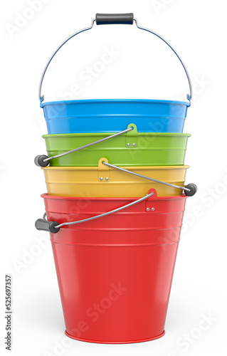 Set of metal garden buckets for hydration of plants isolated on white background