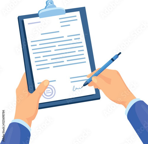 Hands writing signature on document. Signing contract concept photo