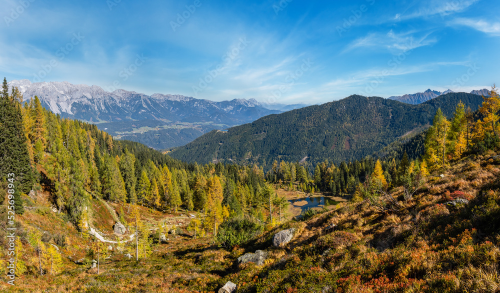 Calm autumn Alps mountain lake with clear transparent water and reflections. Untersee lake, Reiteralm, Steiermark, Austria. Calm autumn Alps mountain lake with clear transparent water and reflections. Untersee lake, Reiteralm, Steiermark, Austria.