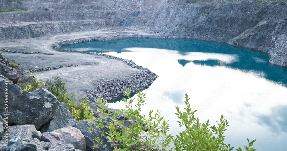 panoramic view of granite quarry with beautiful water