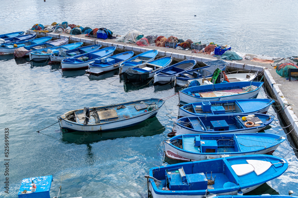 Blue boats abstract composition background. Gallipoli, Puglia, Italy