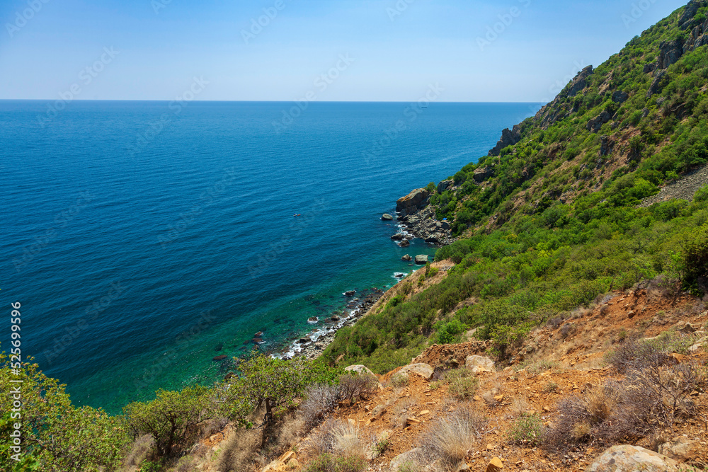 Panoramic view of pebble wild beach on mount Ayu-dag near Hurzuf. Big Yalta, Crimea, Ukraine.