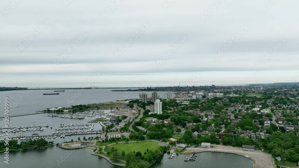 view of the river and Hamilton waterfront drone shot view of the river and Hamilton waterfront drone shot