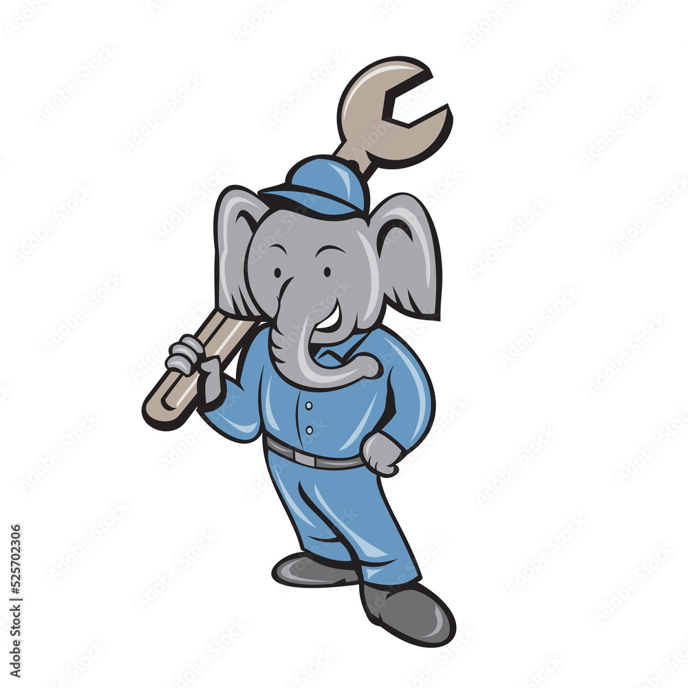Elephant Mechanic Spanner Standing Cartoon Elephant Mechanic Spanner Standing Cartoon