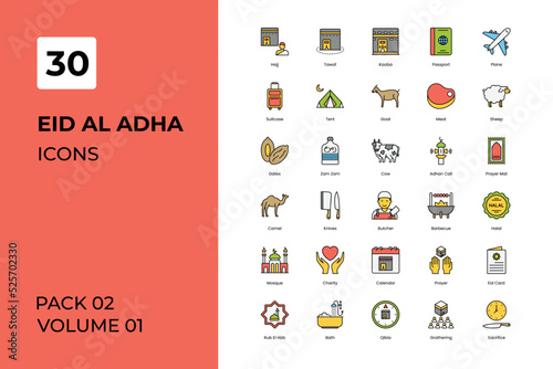 Eid Al adha icons collection. Set contains such Icons as adha, alquran, cow, eid, eid al-adha, eid mubarak, more 