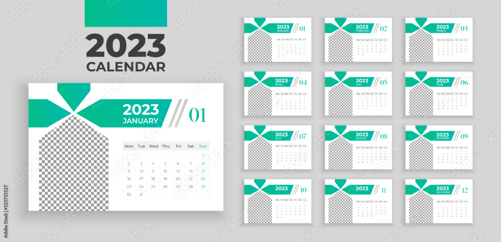 Desktop Monthly Photo Calendar 2023. 12 months templates in English. Week  starts from Monday. Planner in minimalist style with place for photo.  Vector editable corporate and business calendar vector de Stock | Adobe  Stock
