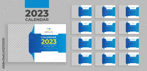 Desktop Monthly Photo Calendar 2023. Cover Calendar, 12 months templates. Simple monthly horizontal photo calendar Layout for 2023 years in English. The week starts from Monday