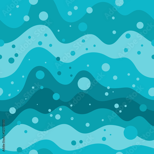 Seamless vector background in a flat style. Blue waves, gradient from dark to light. Sea foam, bubbles. Horizontal stripes. Minimalism. Great summer background.