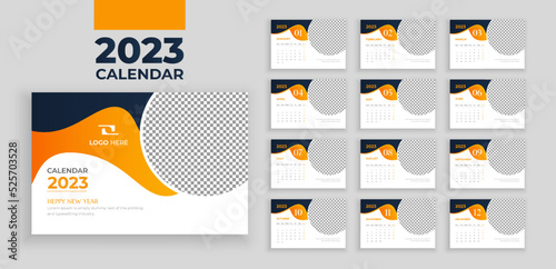 Desktop Monthly Photo Calendar 2023. Cover Calendar, 12 months templates in English. The week starts from Monday. The planner in minimalist style with place for photo. Vector editable calendar