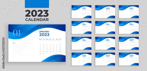 Desktop Monthly Calendar 2023. Cover Calendar, Set of 12 months. Simple monthly horizontal calendar Layout for 2023 year in English. Week starts from Monday. Editable Vector illustration