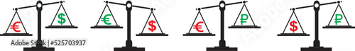 Scales weighing different currency symbols