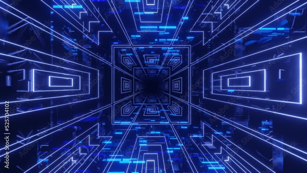 Hi-tech neon sci-fi tunel. Trendy neon glow lines form pattern and construction in mirror tunnel. Blue hologram. Fly through technology cyberspace. 3d looped seamless 4k bright youth background. Hi-tech neon sci-fi tunel. Trendy neon glow lines form pattern and construction in mirror tunnel. Blue hologram. Fly through technology cyberspace. 3d looped seamless 4k bright youth background.