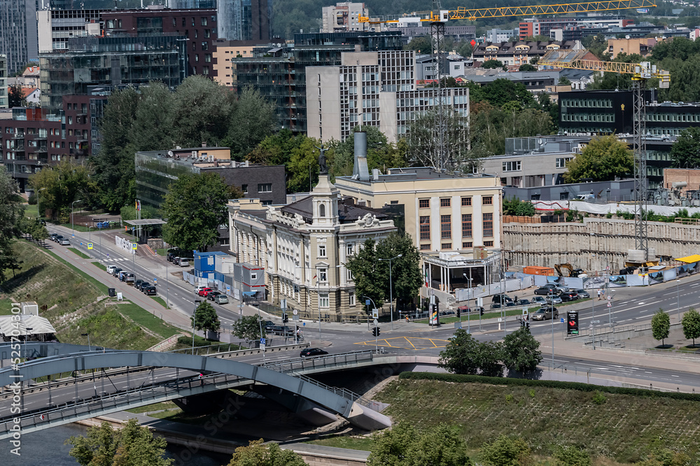 Fototapeta premium Panoramic view of Vilnius old city, modern downtown and river Neris embankment. VILNIUS, LITHUANIA. 