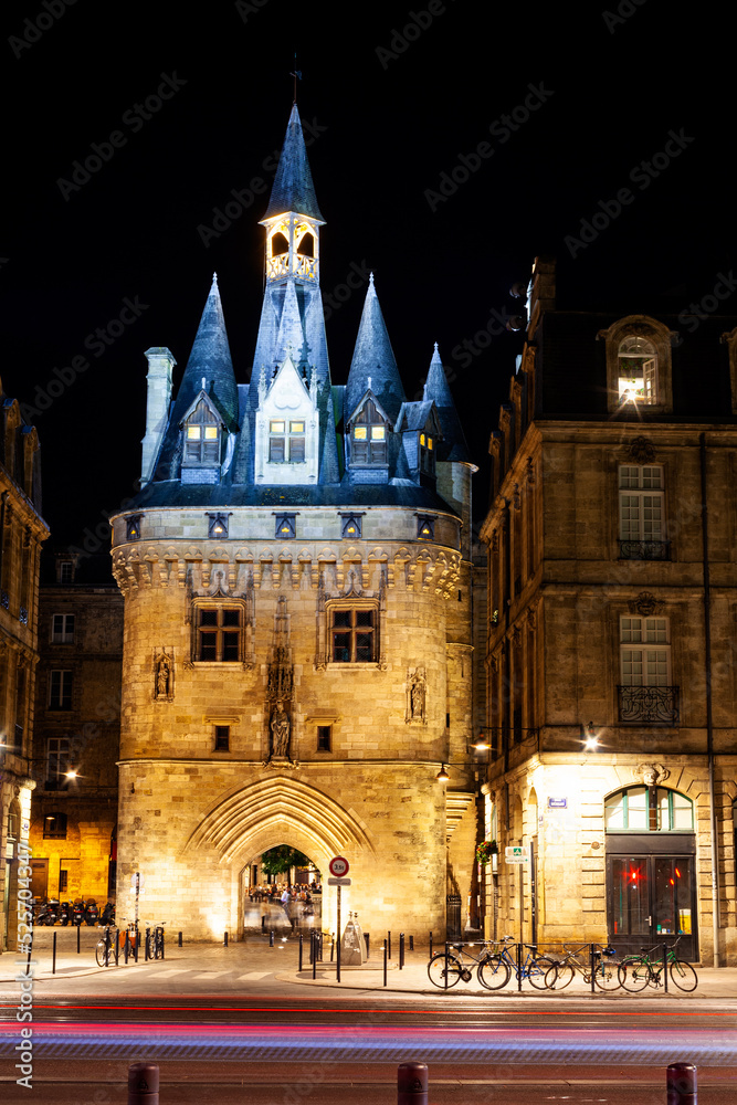 Night view of the famous and scenic Porte Cailhau in Bordeaux, Grironde, Aquitaine. France
