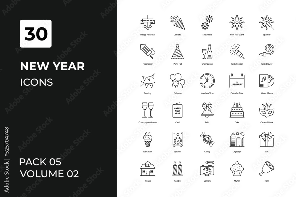 New Year icons collection. Set contains such Icons as ball, bell, box, candle, more 