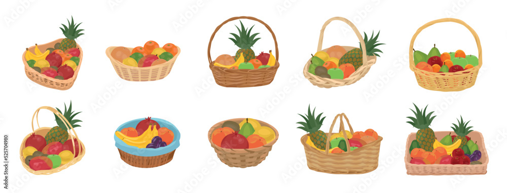 Set of wicker baskets with different fruits on white background Set of wicker baskets with different fruits on white background
