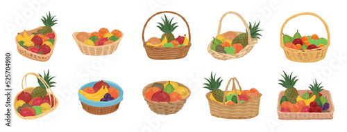 Set of wicker baskets with different fruits on white background