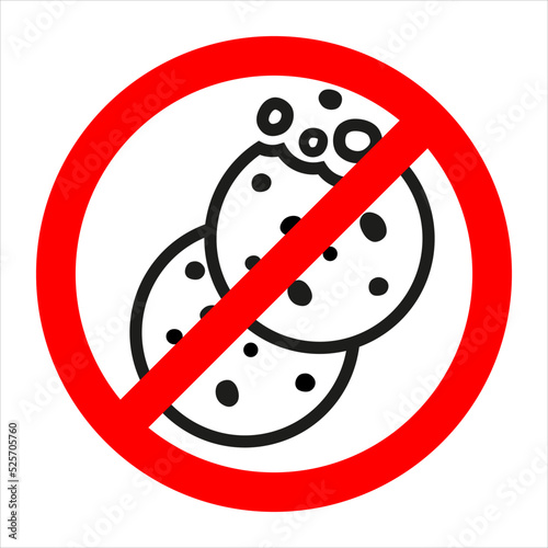 Stop cookies. No cookies symbol. It is forbidden to eat crumbs. Simple prohibition sign. Crossed-out biscuit. Ban litter. Stop sweet icons.