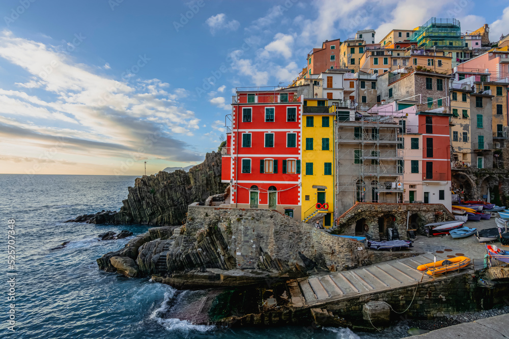 Riomaggiore cinque terre national park italian architecture colorful houses with blue sky and sea