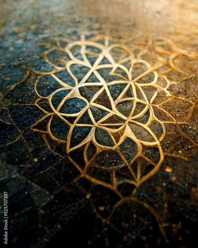 Macro illustration of exquisite, ornate geometric metallic gold inlay in speckled marble stone floor