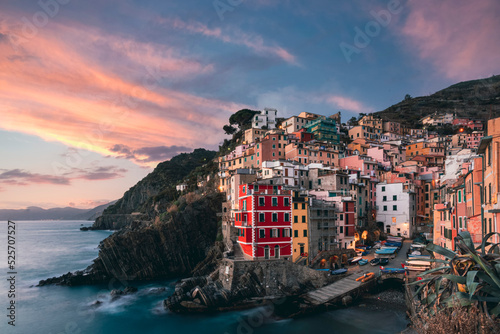 Riomaggiore cinque terre national park italian architecture colorful houses with blue sky and sea