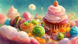 Cupcake and candy fantasy landscape with many lolly sweets of all kinds, cute colorful
