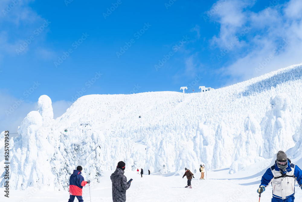 白銀世界の山形蔵王の樹氷とスキー場ゲレンデ