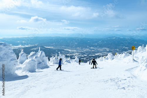 白銀世界の山形蔵王の樹氷とスキー場ゲレンデ