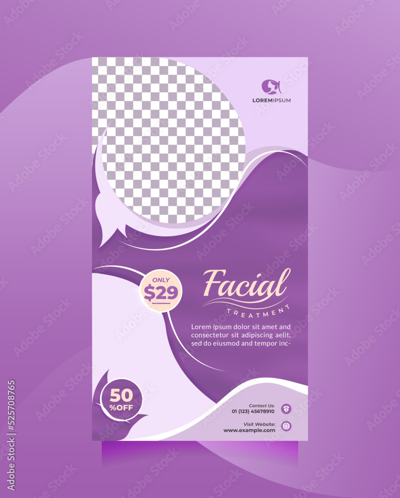 Social media story post and banner template for Facial Beauty Care Center promotion with modern purple. Vector design to promote beauty salon, Healthy Skin Clinic, cosmetic sale, medical spa, etc