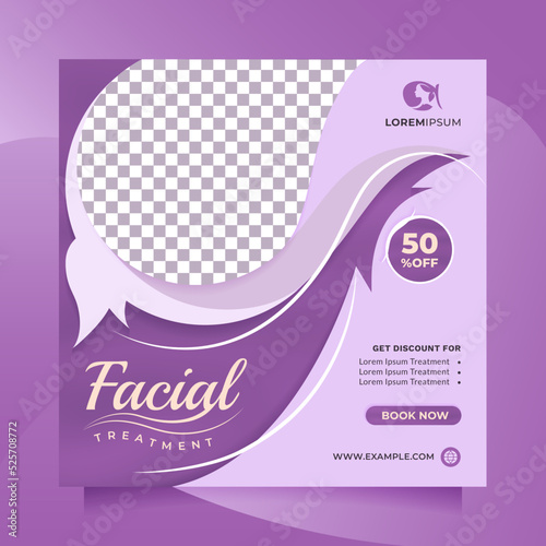 Square social media post and banner template for Facial Treatment center promotion with purple color. Modern vector design to promote beauty salon, Healthy Skin Clinic, cosmetic sale, medical spa, etc