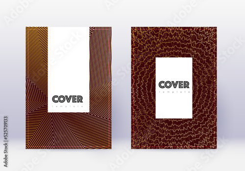 Hipster cover design template set. Gold abstract lines on maroon background. Charming cover design. Favorable catalog, poster, book template etc.