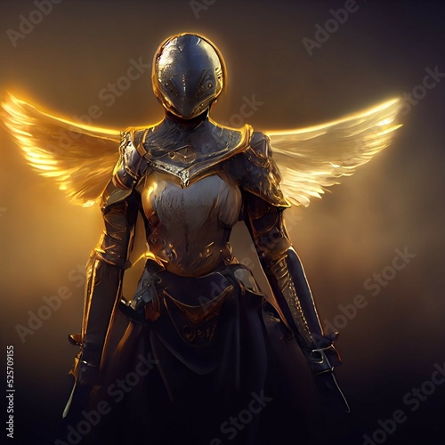 Fotografering Illustration of a Angel girl in armor with golden wings