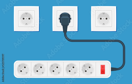Cartoon white electric extension cord. Euro standard F type socket. Electricity themed vector illustration for icon, stamp, label, certificate, brochure, card, poster or banner decoratio.