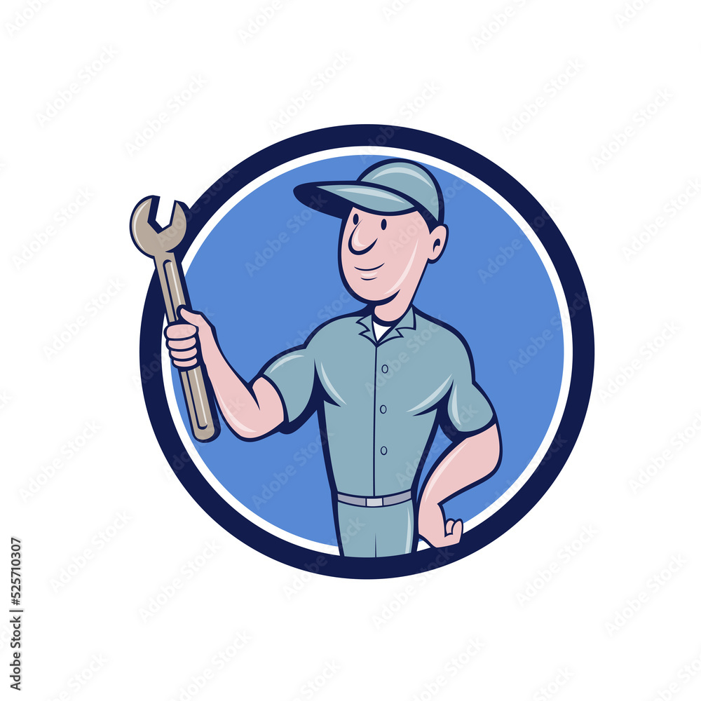 Handyman Holding Spanner Circle Cartoon