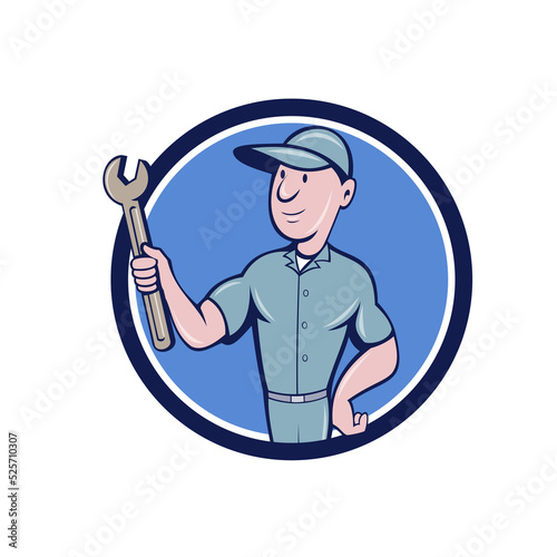 Handyman Holding Spanner Circle Cartoon