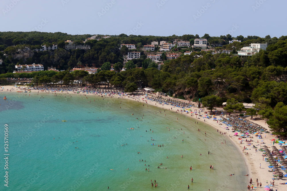 Cala Galdana (Galdana cove) is a coastal resort in Menorca, Spain. Cala Gandala bay and beach, aerial view
