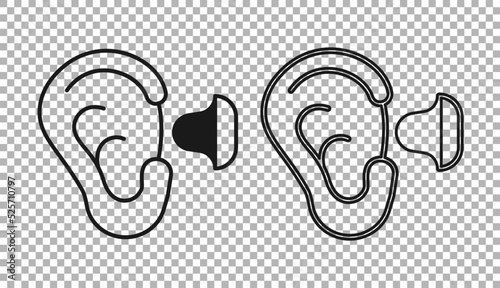 Black Earplugs and ear icon isolated on transparent background. Ear plug sign. Noise symbol. Sleeping quality concept. Vector