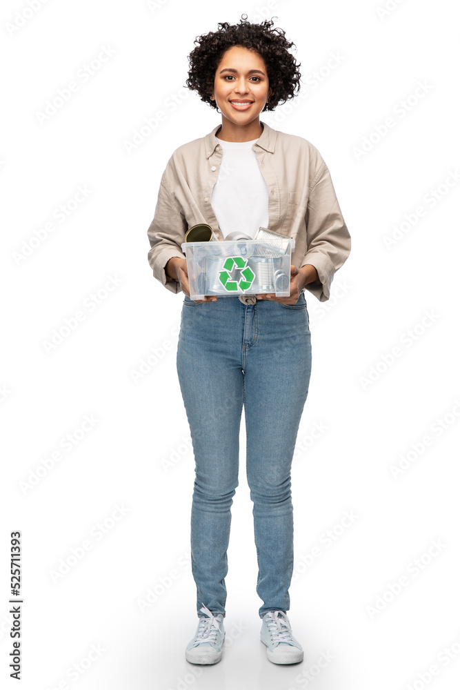 metal recycling, waste sorting and sustainability concept - happy woman holding plastic box with tin cans over white background metal recycling, waste sorting and sustainability concept - happy woman holding plastic box with tin cans over white background
